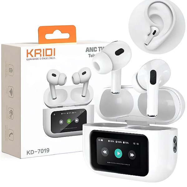 Fone de Ouvido Bluetooth V5.3, Estojo com Tela Digital e Cancelamento de Ruído ANC, Branco - Kaidi KD-7019