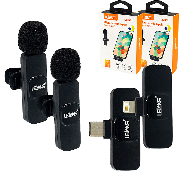 Kit Duplo Microfone Lapela Sem Fio para Android USB-C e iPhone Lightning com 2 Lapelas e 2 Receptores – Lelong LE-930 + LE-931