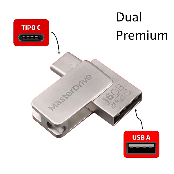 PenDrive 16GB Mini Metal Dual Interface USB e Tipo C - Masterdrive