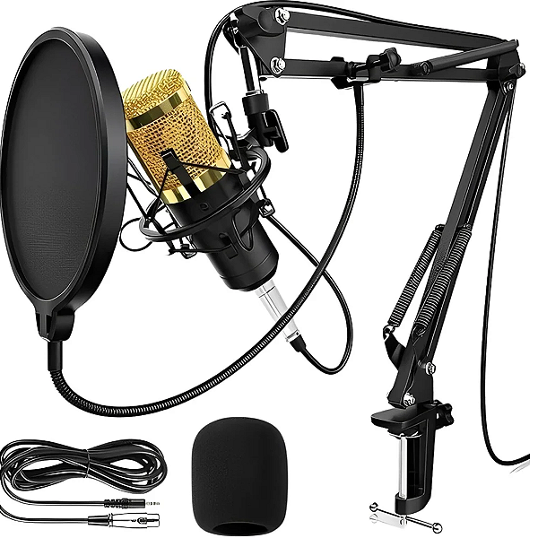 Kit Completo Microfone Condensador Profissional com Braço Articulado e Shock Mount, Ideal para Podcasts e Lives - Knup KP-M0010