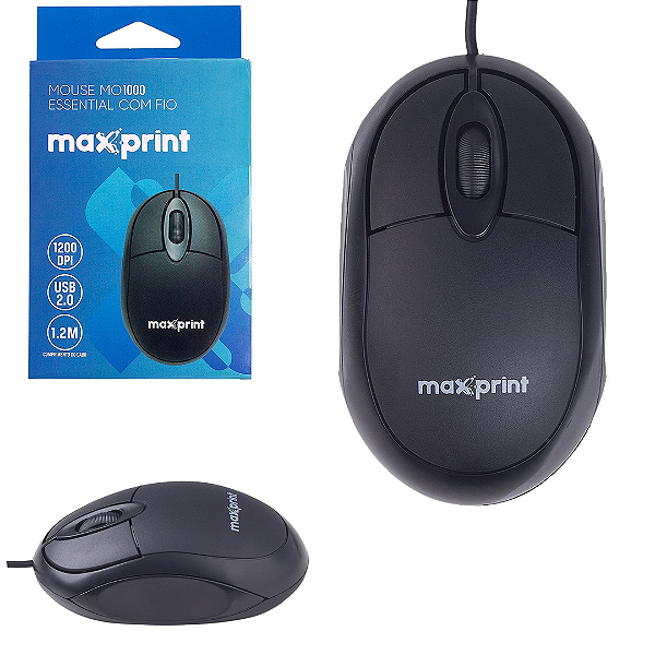 Mouse Com Fio Óptico USB 1200 DPI, Compacto, Preto - Maxprint Essential MO1000