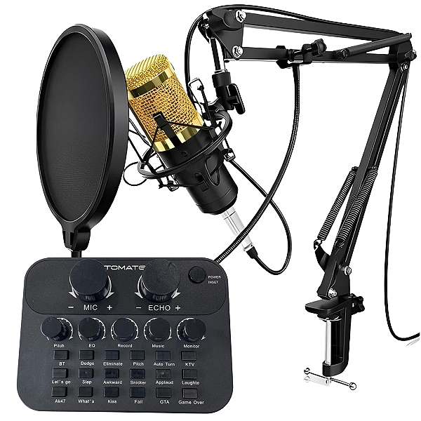 Kit Completo Microfone Condensador Knup KP-M0010 + Mesa de Som Tomate MPS-005 para Streaming, Podcast e Karaokê