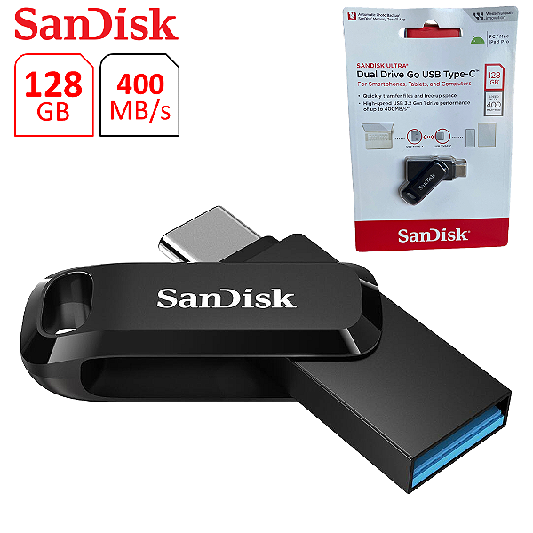 PenDrive 128GB Dual Interface Type-C e USB 3.1 - Sandisk Ultra Dual Drive Go