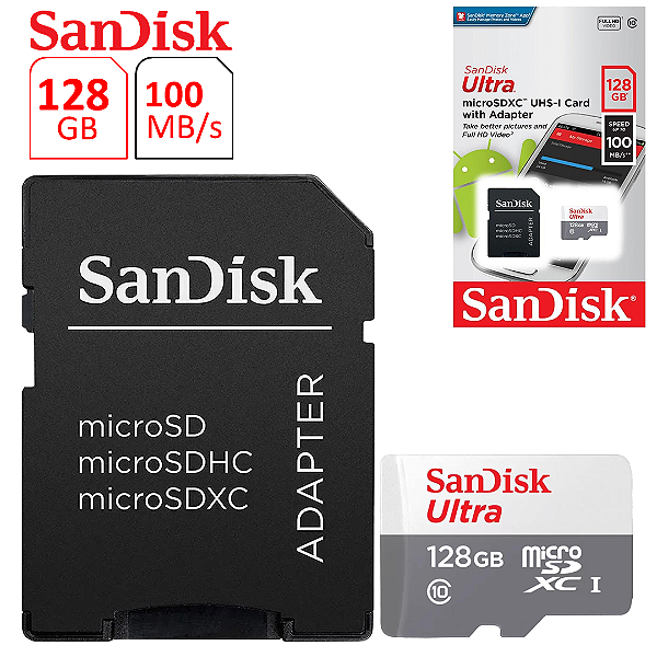 Cartão de Memória 128Gb, MicroSD, Ultra, Classe 10, 100Mbs - SanDisk SDSQUNR-128GB-GN3MA