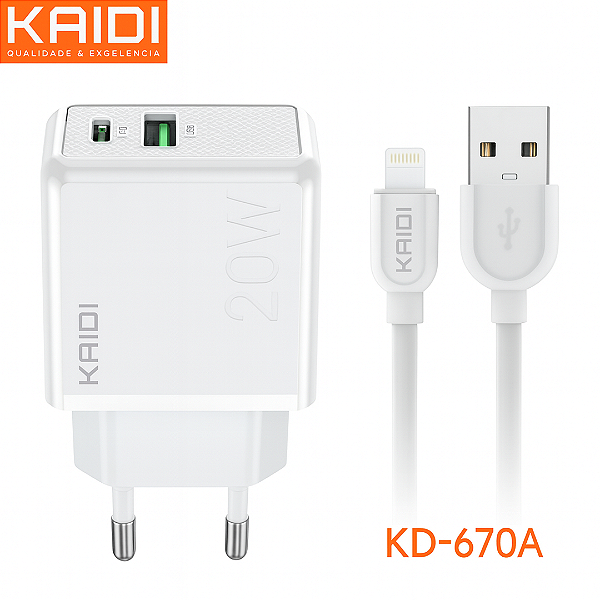Carregador Turbo USB e Tipo C + Cabo Lightning para iPhone - Kaidi KD-670A