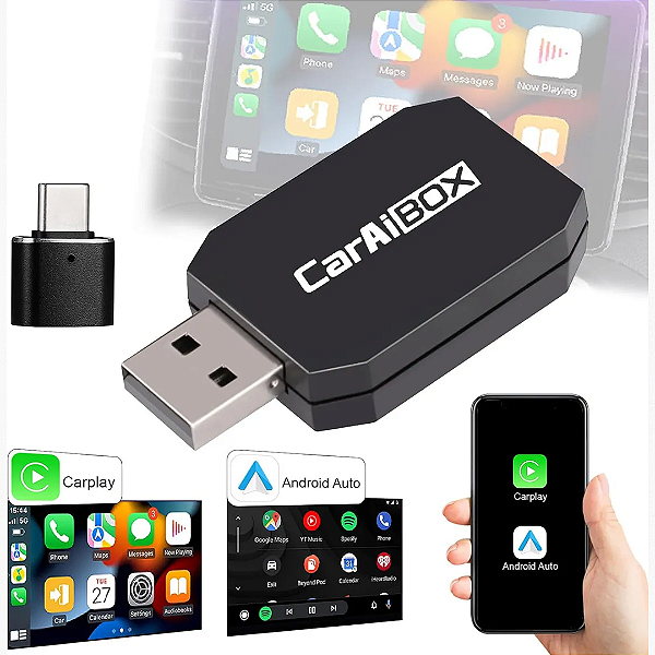 Adaptador CarAiBOX Wireless CarPlay Android Auto com Smart Chip