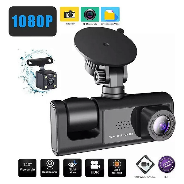 Câmera Veicular Tripla Dash Cam Super HD 1296P - Frontal, Interna e Ré com Visão Noturna