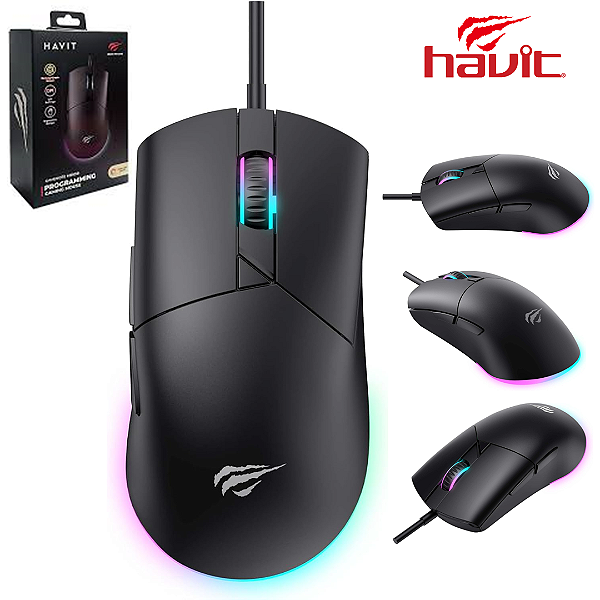 Mouse Gamer com Fio 8.000DPI com 6 Botões e Iluminação Led, Preto - Havit MS1038