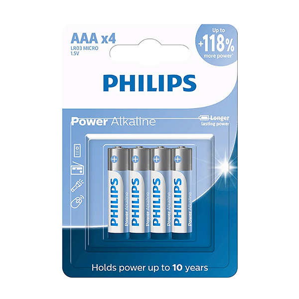 Pilha Alcalina AAA (Palito) 1.5V com 4 Unidades, Power Alkaline - Philips LR03P4B/59