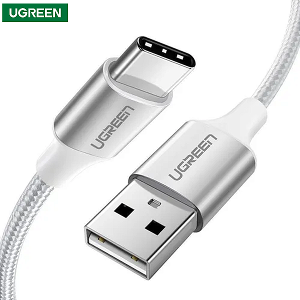 Cabo de Carregamento e Dados USB para Tipo C Turbo 3A de 1 Metro, Trançado Nylon, Branco - Ugreen US288