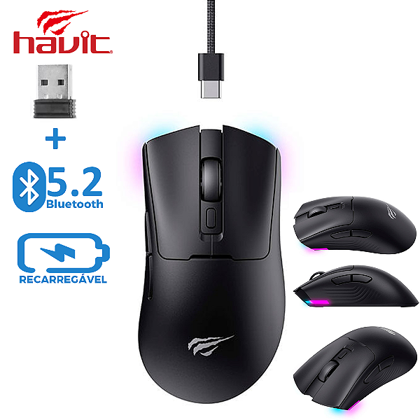 Mouse Gamer 10.000 DPI, Tri-Mode (Bluetooth, Adaptador e Cabo), Recarregável, Driver - Havit MS966S