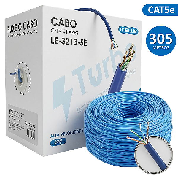 Cabo de Rede de 305 Metros Cat5e para CFTV 4 Pares e Rede, Até 1000Mbps, Azul - It-Blue Le-3213-5e