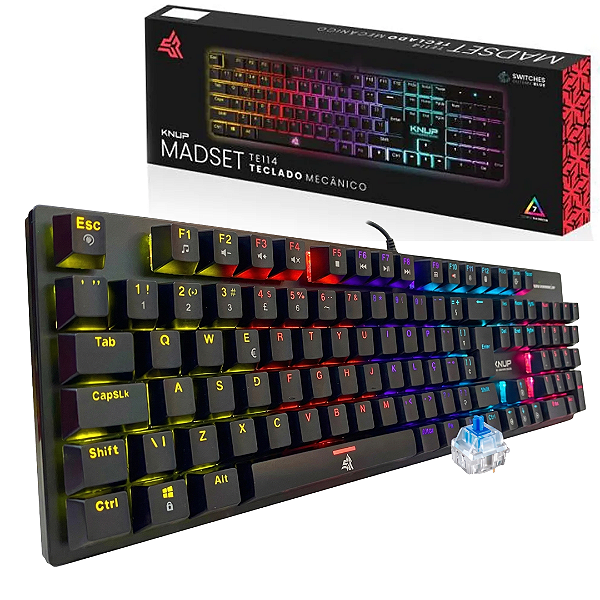 Teclado Mecânico Gamer com Fio Switch Azul com Anti-Ghosting e Iluminação RGB - Knup Madset te124