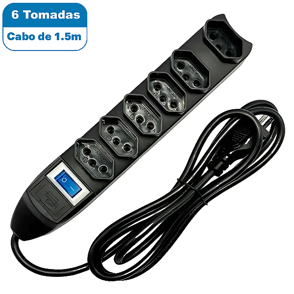 Filtro de Linha 6 Tomadas Preto com Fusível e Cabo 1.5m, Preto - Knup SL7606