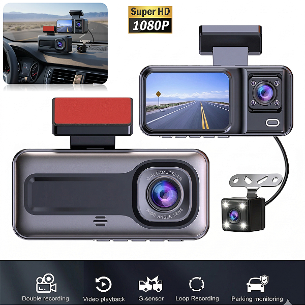 Câmera Veicular 3 em 1 Full HD Frente, Interna e Ré com Tela 2" - Kapbom KA-2491