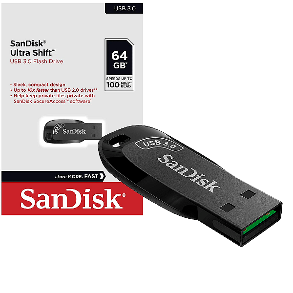 Pen Drive 64GB SanDisk Ultra Shift USB 3.0 - Alta Velocidade até 100MB/s
