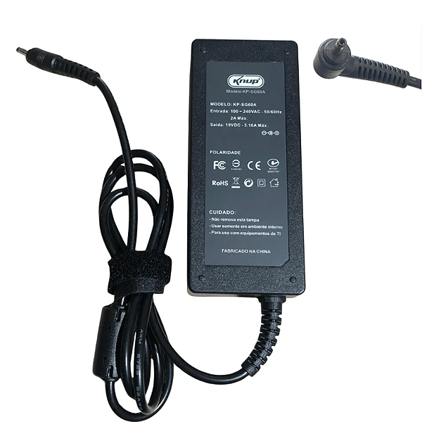 Carregador de Notebook Samsung Ponta Fina 3.0mm x 1.0mm, 19V 3.16A - Knup KP-SG60A