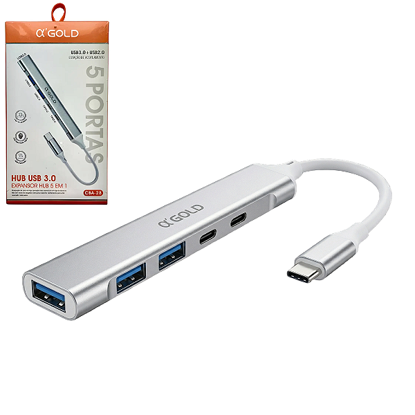 Hub Tipo-C 5 em 1 com 1 porta USB 3.0, 2 USB 2.0 e 2 Tipo-C para Macbook e Notebook - A'gold CBA-28