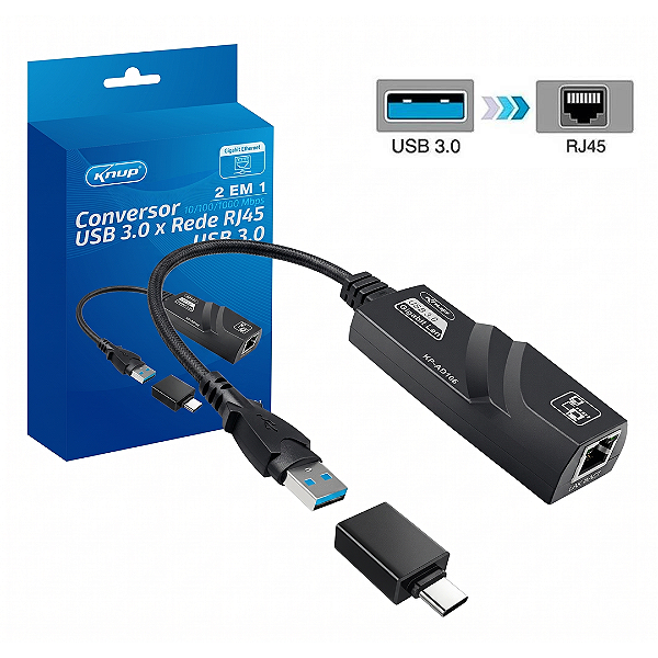 Adaptador de Rede 2 em 1 USB 3.0 e Tipo-C para RJ45 Gigabit - Knup KP-AD106