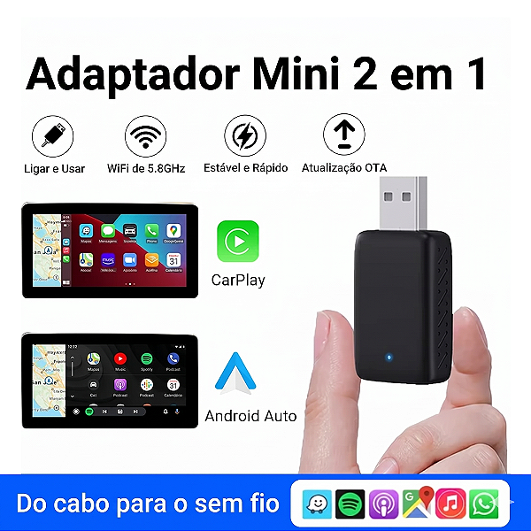 CarPlay e Android Auto Sem Fio Adaptador 2 em 1 Mini para Android e iPhone