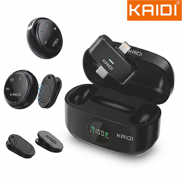Microfone de Lapela Sem Fio Duplo para iPhone e Android com Case - Kaidi KMF1-AC