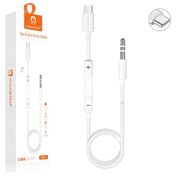 Cabo Auxiliar Tipo C para Áudio P2 3,5mm com Controle de Volume - H'maston ZHQ-14