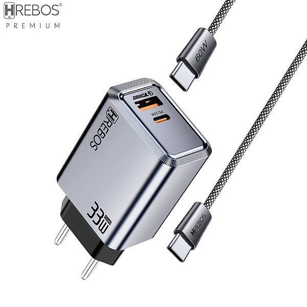 Kit Carregador com 2 Portas (USB + Tipo C) 33W + Cabo Tipo C Nylon Trançado - Hrebos CRG-233CC