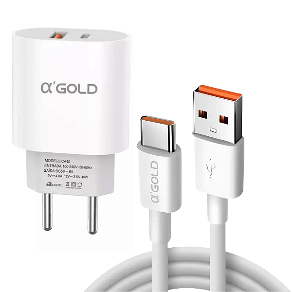 Kit Carregador com 2 Portas (USB + Tipo C) 40W + Cabo Tipo C - Alfa Gold CA40-3/Tipo-c