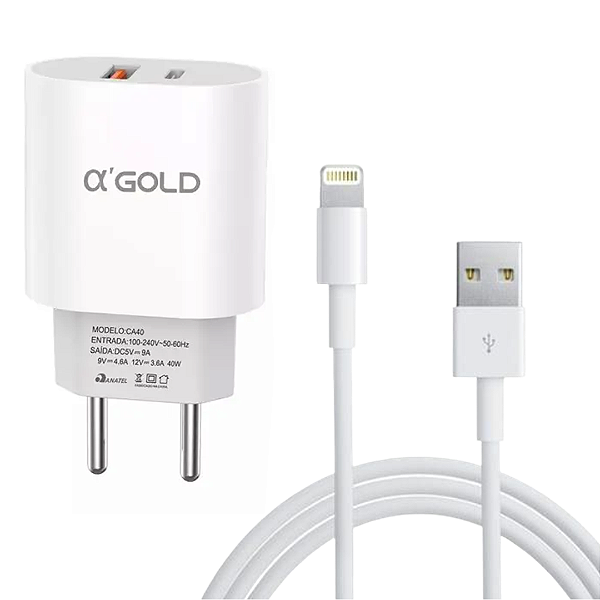 Kit Carregador Turbo com 2 Portas (USB + Tipo C) + Cabo USB para iPhone - A'Gold CA40-2/iOS
