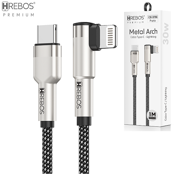 Cabo de Carregamento Tipo C Para iPhone 30W Turbo 1 Metro em L 90 Graus - Hrebos CB-378i