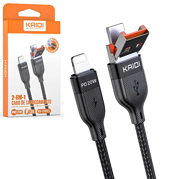 Cabo para iPhone 20W Turbo 2 em 1 USB e Tipo-C 1 Metro Trama de Tecido - Kaidi KD-2505CL