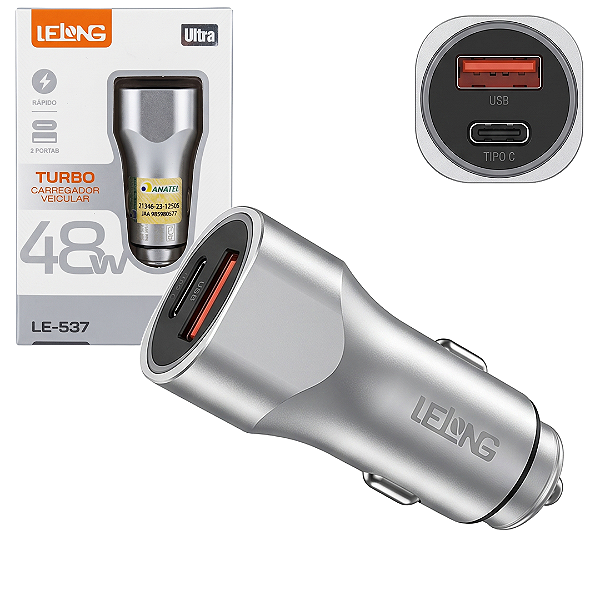 Carregador Veicular Turbo 48W com 2 Saídas USB e Tipo-C Lelong LE-537