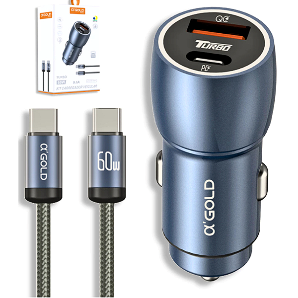 Carregador Veicular Turbo 60W com 2 Saídas USB e Tipo-C + Cabo Tipo-C - Alfa Gold CJ13-3