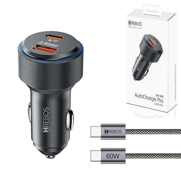 Carregador Veicular com 2 Saídas USB e Tipo C + Cabo Tipo C para iPhone Hrebos CRV-208CI