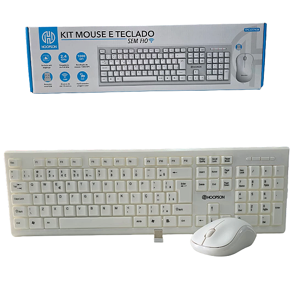 Kit Teclado e Mouse Sem Fio Slim Branco - Hoopson TPC-077KSB