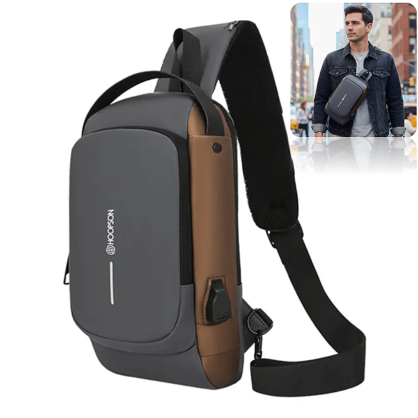Mochila Bolsa Transversal Antifurto com USB - Hoopson MCL-003H
