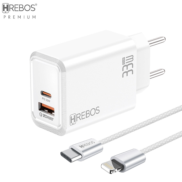 Kit Carregador Turbo 20W com 2 Portas (USB + Tipo C) e Cabo Tipo-C para iPhone Fluxion Charge, Branco - Hrebos CRG-233CI
