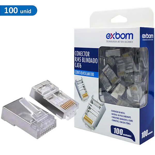 Conector RJ45 Cat6 Cat6e Blindado Metalico Banhado a Ouro Pote com 100 Unidades - Exbom CONT-RJ45C6M100
