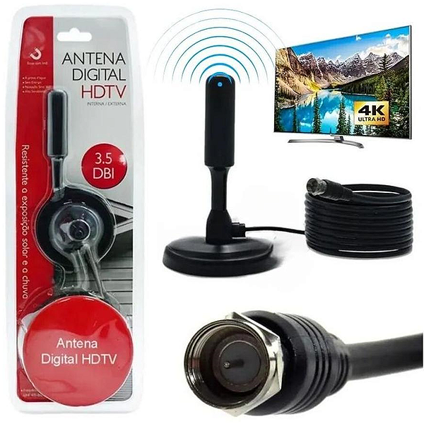 Antena Digital HDTV Interna e Externa 3.5 dBi Cabo 5 Metros - NY-91