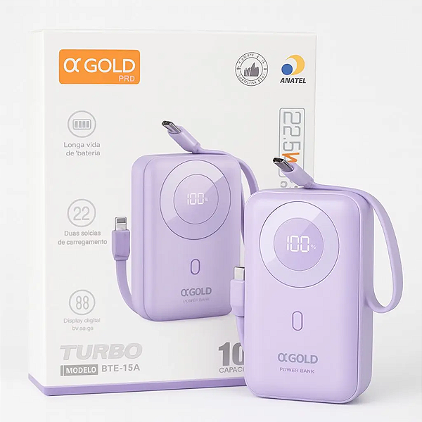 Carregador Portátil Power Bank 10.000mAh com Cabo Tipo C e iPhone, 22.5W PD, Lilás - α'Gold BTE-15A