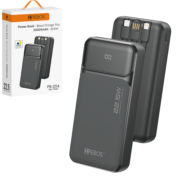 Carregador Portátil Power Bank 20.000mAh Turbo 22.5W, Preto - Hrebos PB-204 Boost Charge Plus