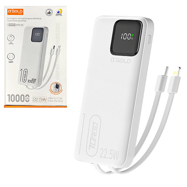 Carregador Portátil Power Bank 10.000mAh com Cabos Embutidos Turbo 22.5W PD, Branco - α'Gold BTE-33