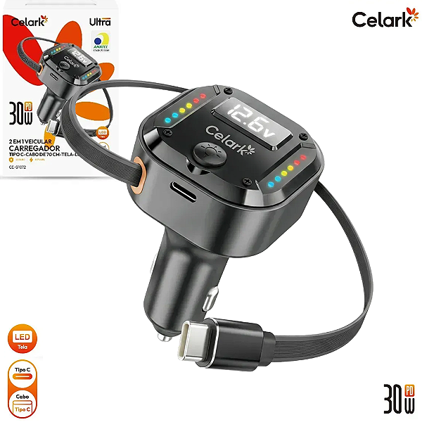 Carregador Veicular 2 em 1 Tipo-C PD 30W com Cabo Retrátil de 70cm - Celark CE-G1072