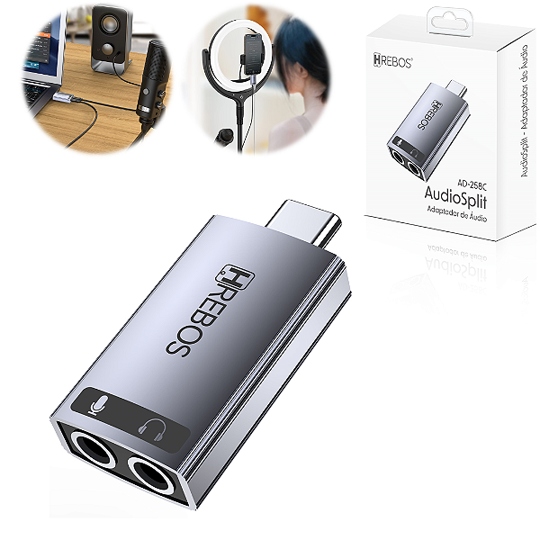 Adaptador de Áudio Tipo C para Dual P3 (P2 3.5mm) Fone e Microfone - Hrebos AD-258C