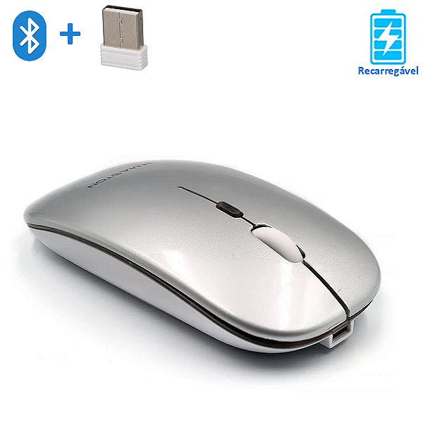 Mouse Sem Fio Recarregável 2 em 1 Bluetooth e USB Dual Mode, Prata - Hoopson MS-42WB