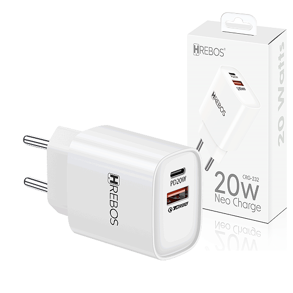 Carregador Turbo 20W Dual Port USB + Type-C - Hrebos CRG-232