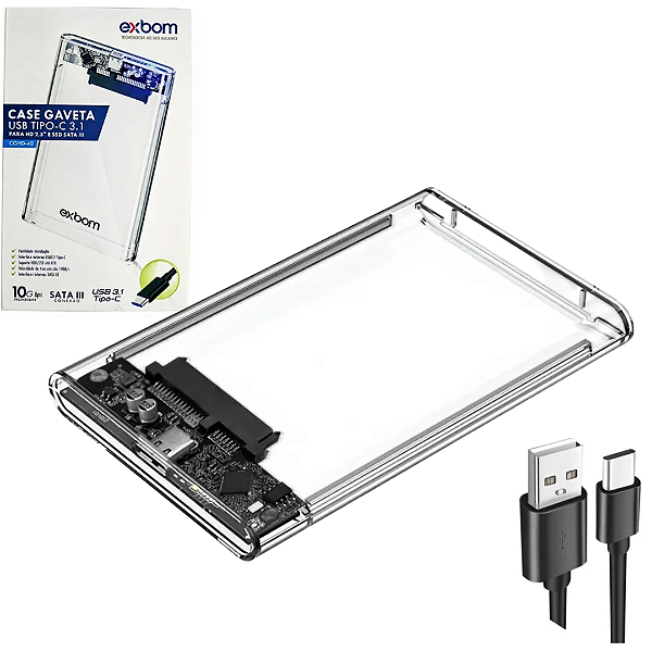Case Gaveta para HD e SSD 2.5" SATA III USB-C 3.1 Ultra Rápido Transparente - Exbom CGHD-40