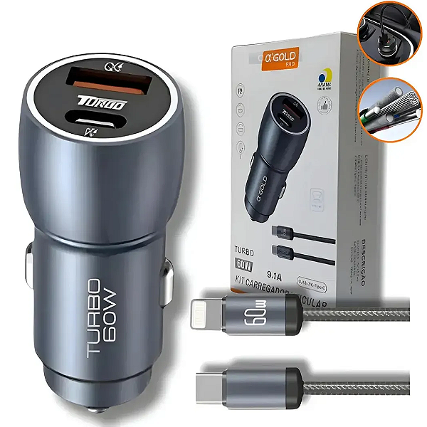 Kit Carregador Veicular Turbo 60W para iPhone com Cabo Tipo C para Lightning - AGold CJ13-2