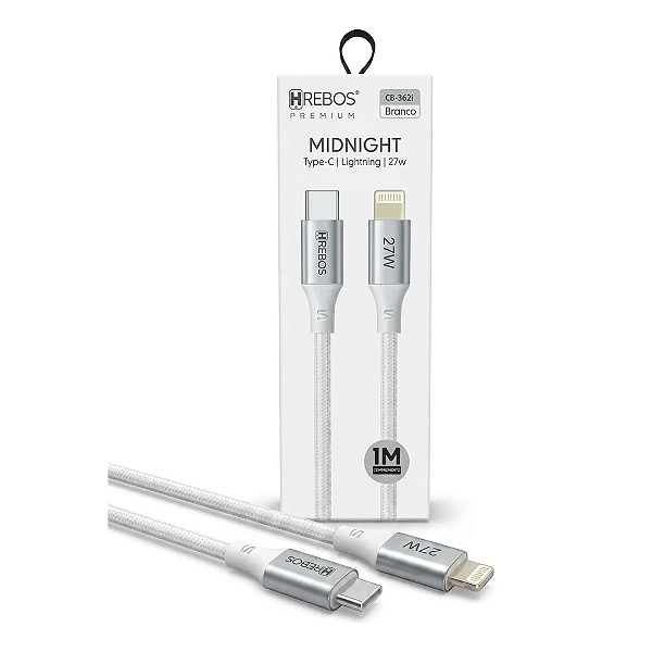 Cabo de Carregamento Tipo-C para iPhone 27W Turbo 1m, Branco - Hrebos Midnight CB-362i