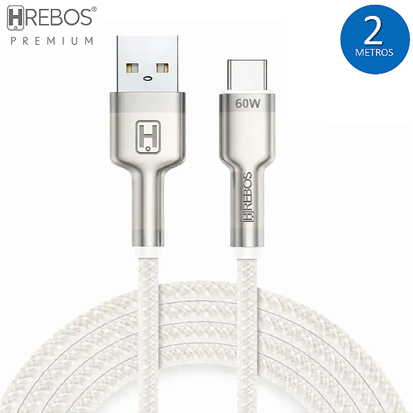 Cabo de Carregamento Tipo C 60W com 2 Metros, Tecido Trançado - Hrebos Metal Waves CB-252C